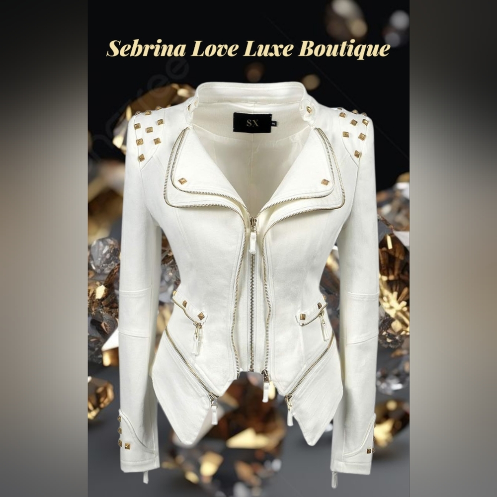 Chic White Gold Studded Faux Leather Jacket